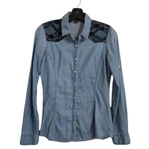 Forever 21 Denim Shirt with Pearl snaps Lace detail